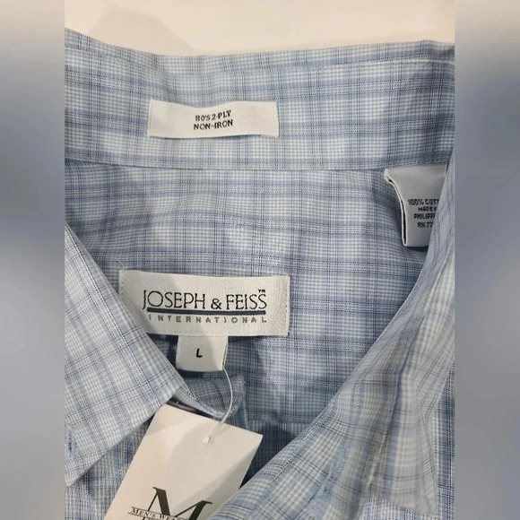 NWT Joseph & Feiss Large Cotton 80's 2 Ply Non Iron Button Up Checkered Blue - Picture 7 of 8